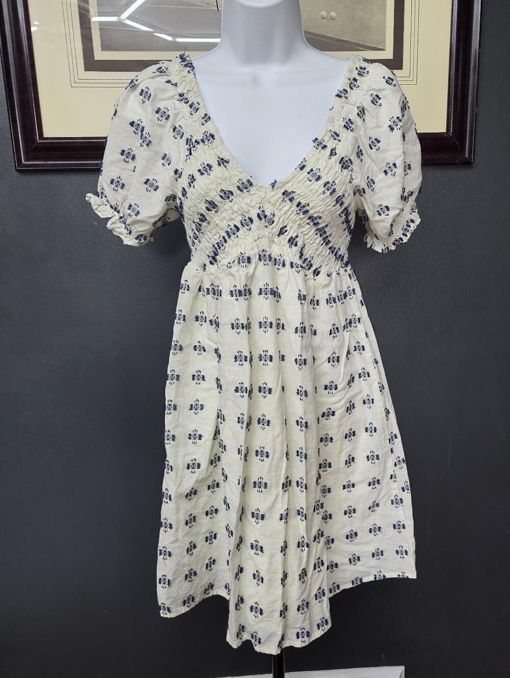 Patrons of Peace Smocked Bodice Mini Dress - Blue/Cream Boho Puff Sleeve